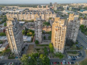 Aerial view of Belgrade's brutalist housing Block 23