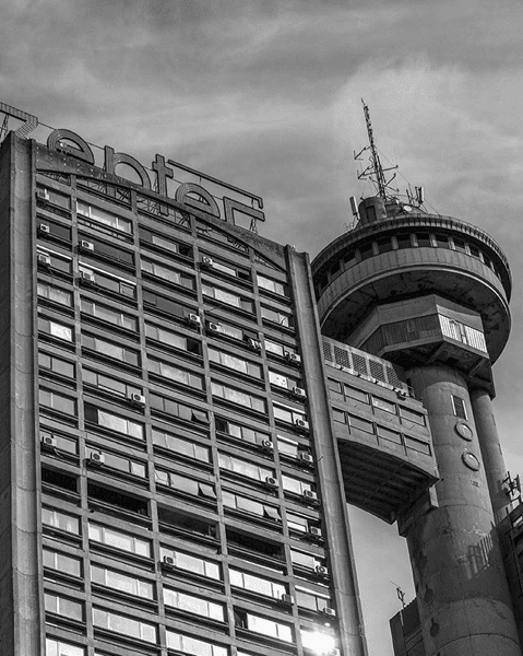 Top of brutalist Genex Tower in New Belgrade with a restaurant for communist elites