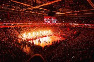 Fans lighting up torches before the beginning of basketball game in Belgrade