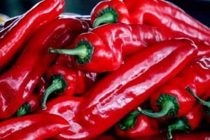 Red peppers on a stall at farmers market in Belgrade